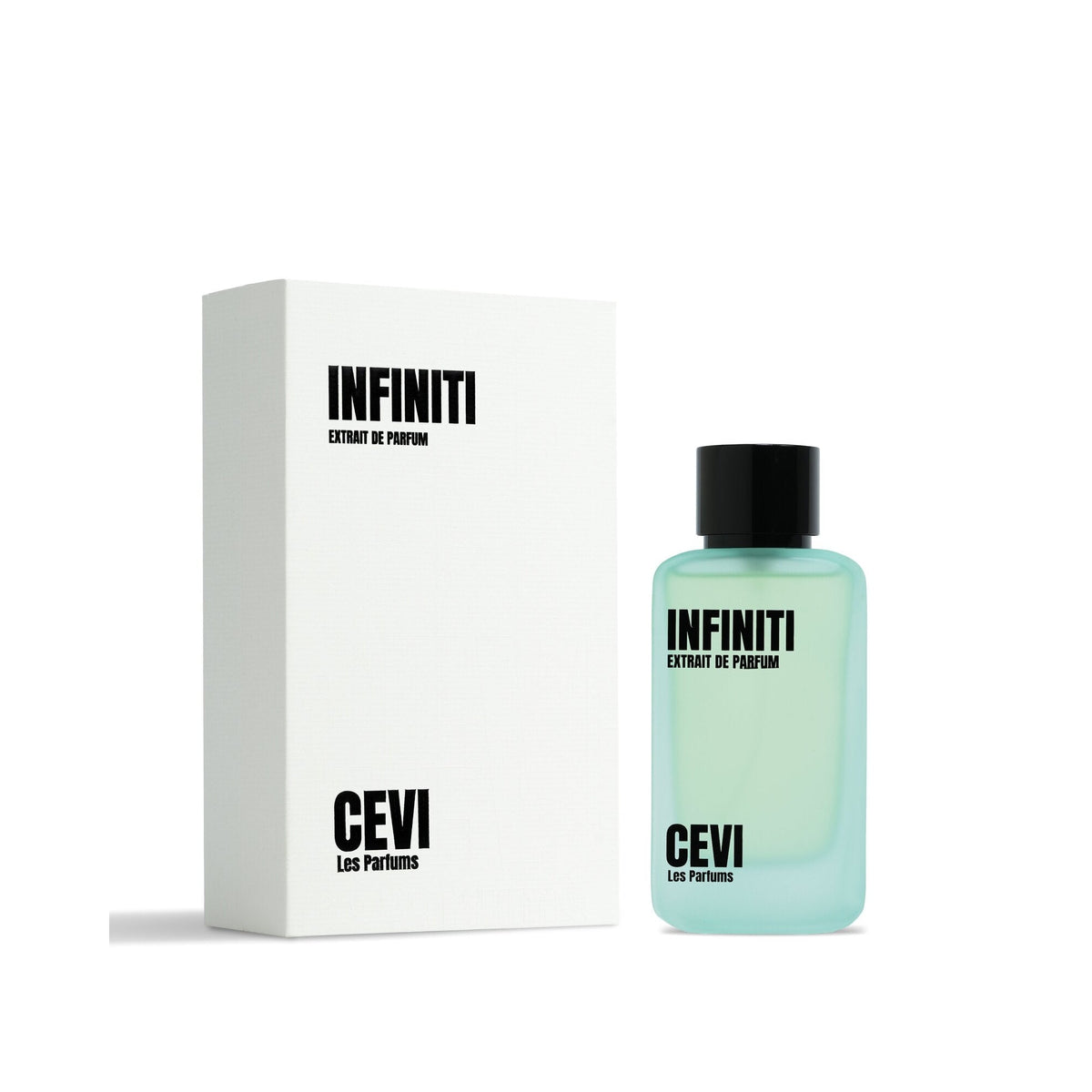 Infiniti by Cevi Les Parfums 100ml extrait de parfum bottle beside its white box on a white background