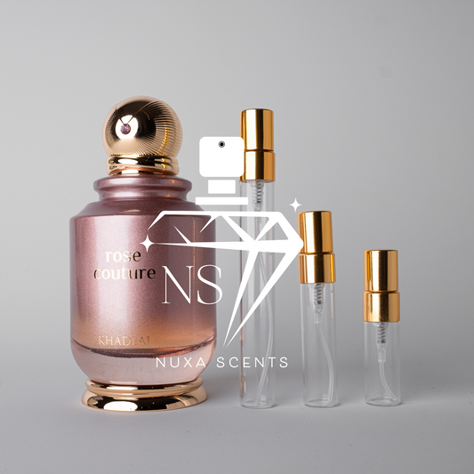 Nuxe Scents rose couture perfume bottle with gold cap on a gray background