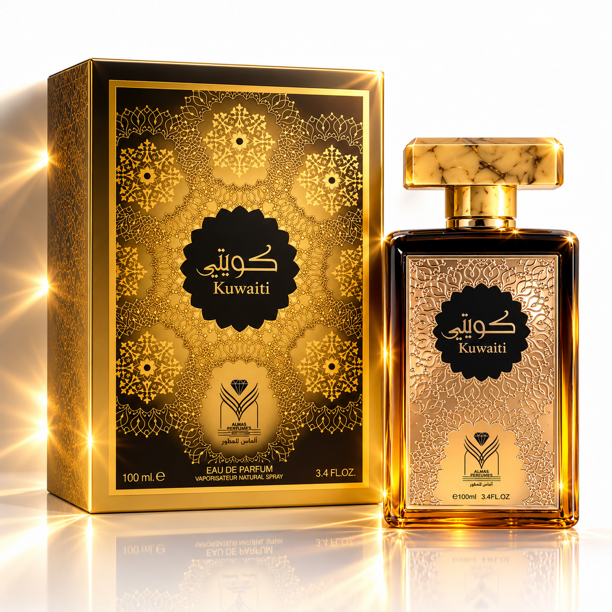 Kuwaiti perfume bottle and matching outer box, both decorated with ornate gold floral patterns on a black background, shown on a reflective white surface with bright light effects.