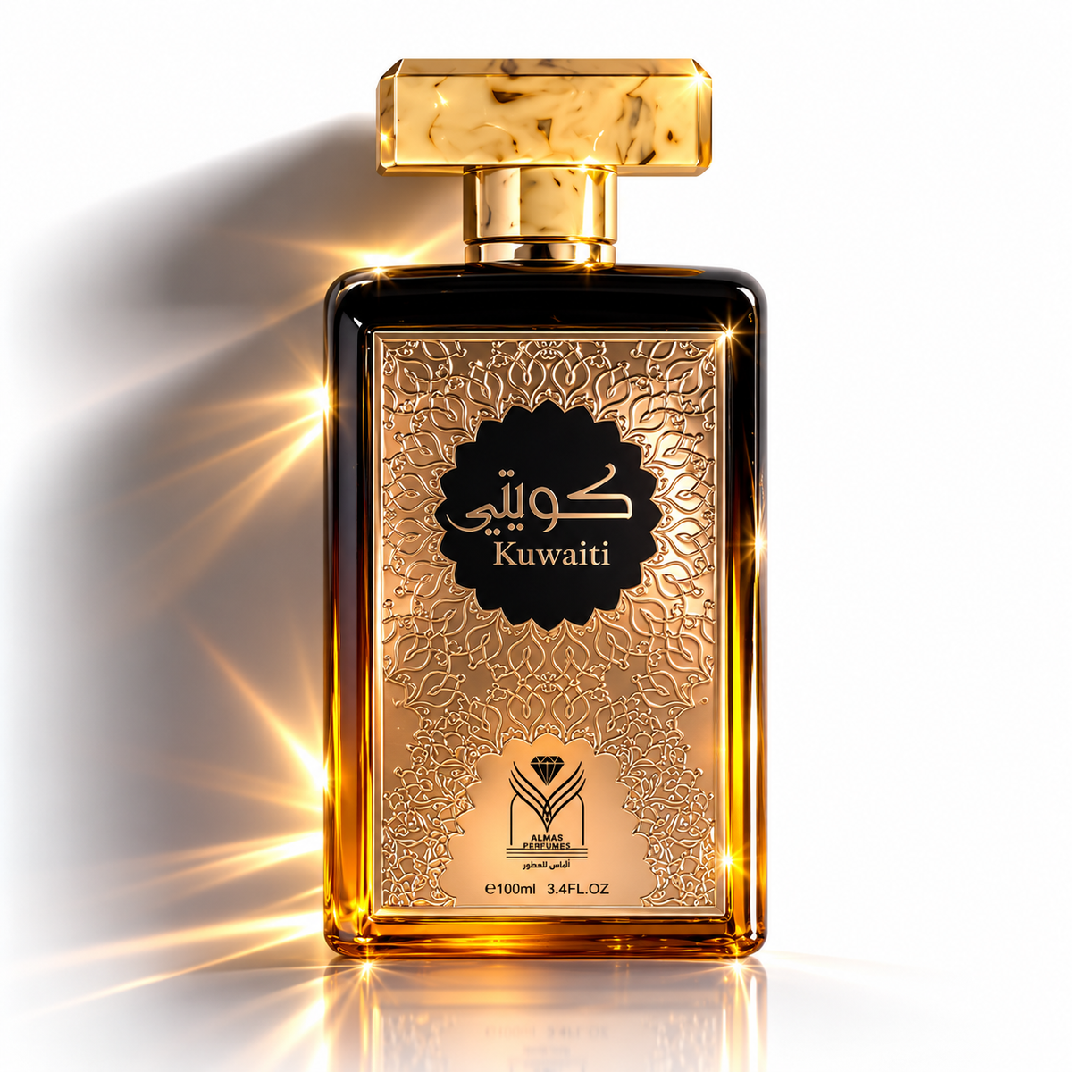 A rectangular perfume bottle with a gold cap and a gold-toned ornate label reading Kuwaiti / Kuwait, shown on a white background with dramatic golden light flares.