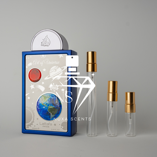 Perfume packaging with a blue box and clear bottles on a gray background