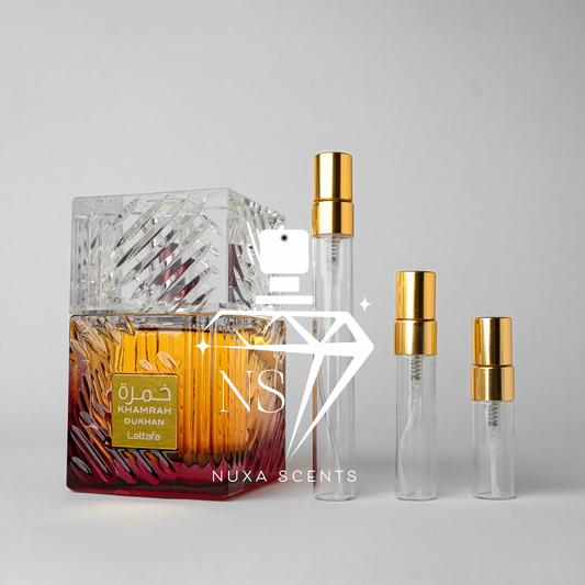 Perfume bottle with gold cap and Nuxa Scents logo on a gray background