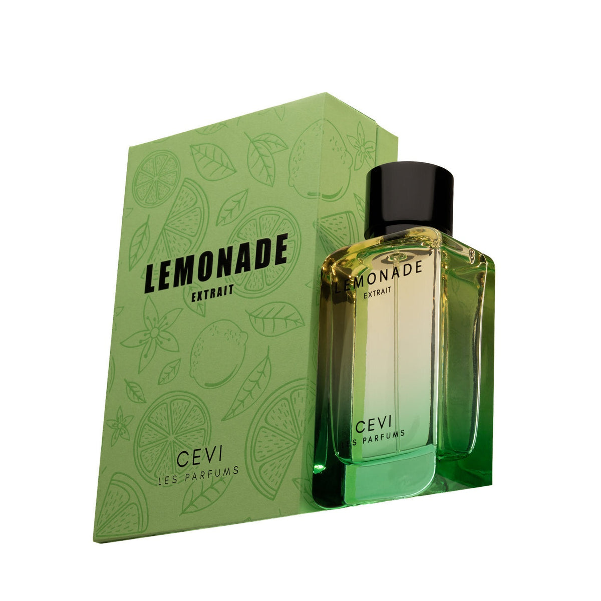 Cevi Lemonade Extrait de Parfum bottle with black cap in front of its green box illustrated with citrus slices and leaves