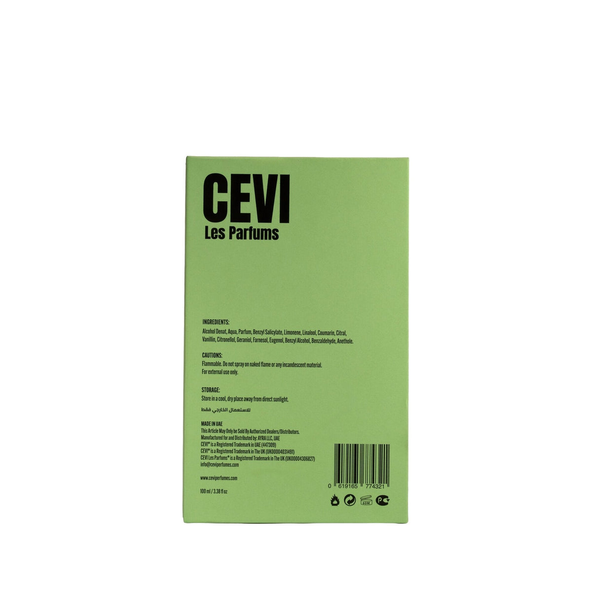 Back of the green Cevi Lemonade Extrait box showing Cevi Les Parfums branding, ingredients, cautions and barcode