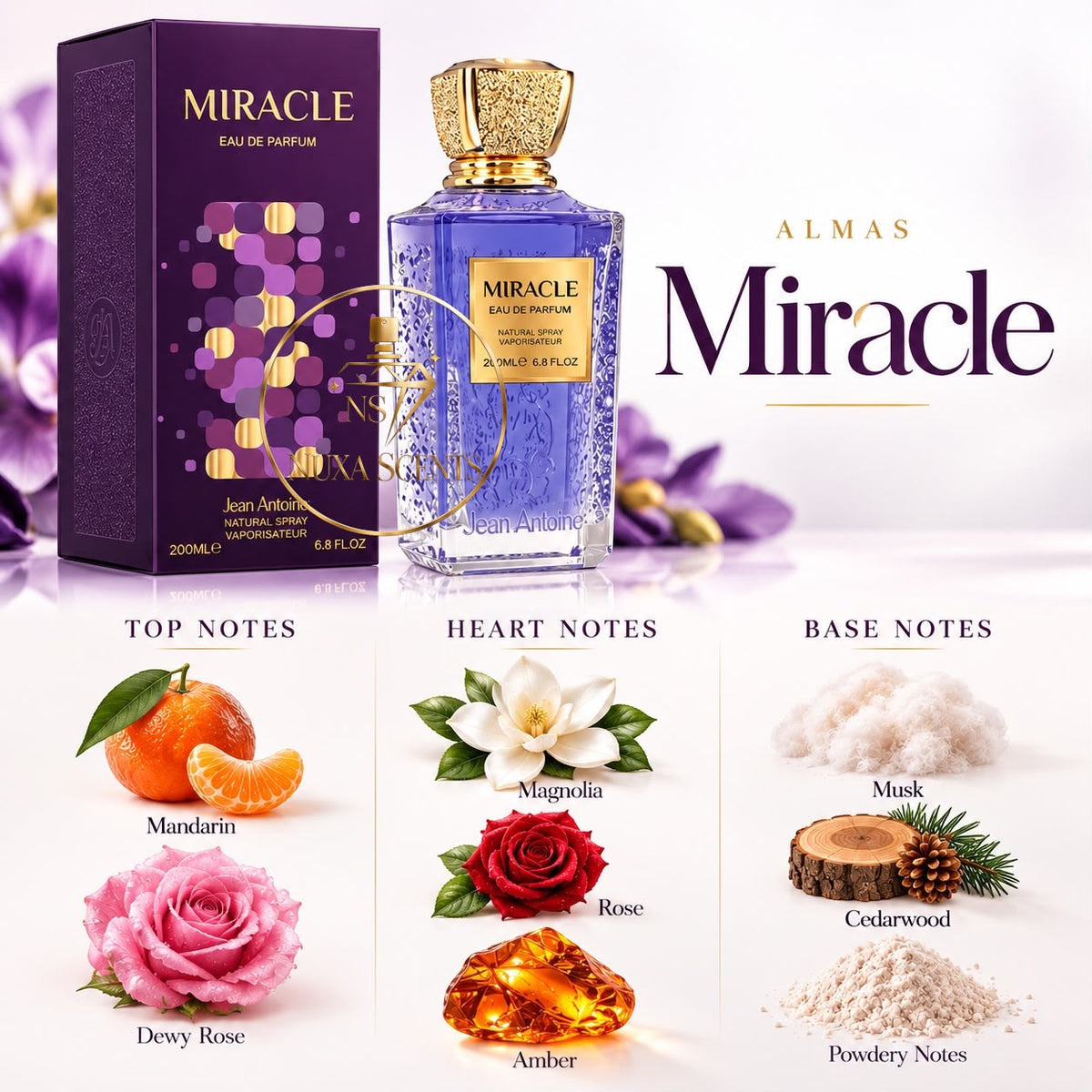 Miracle - Jean Antoine perfume notes: mandarin, dewy rose, magnolia, rose, amber, musk, cedarwood | Nuxa Scents