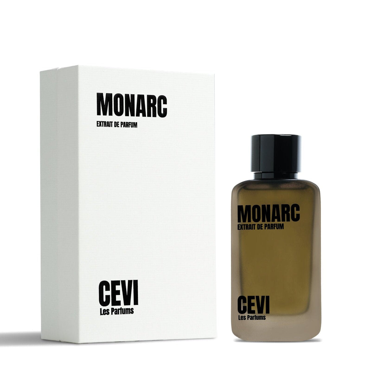 Monarc 100ml Extrait de Parfum bottle standing beside its tall white box | Nuxa Scents
