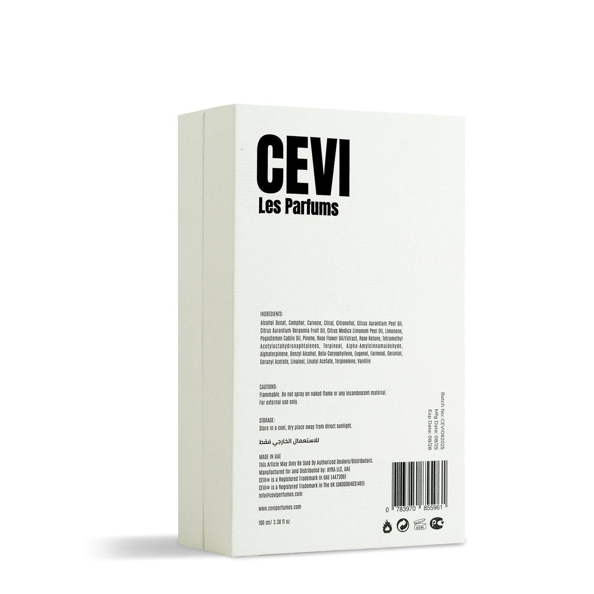 Back of the Monarc 100ml Extrait de Parfum box showing ingredients and barcode | Nuxa Scents