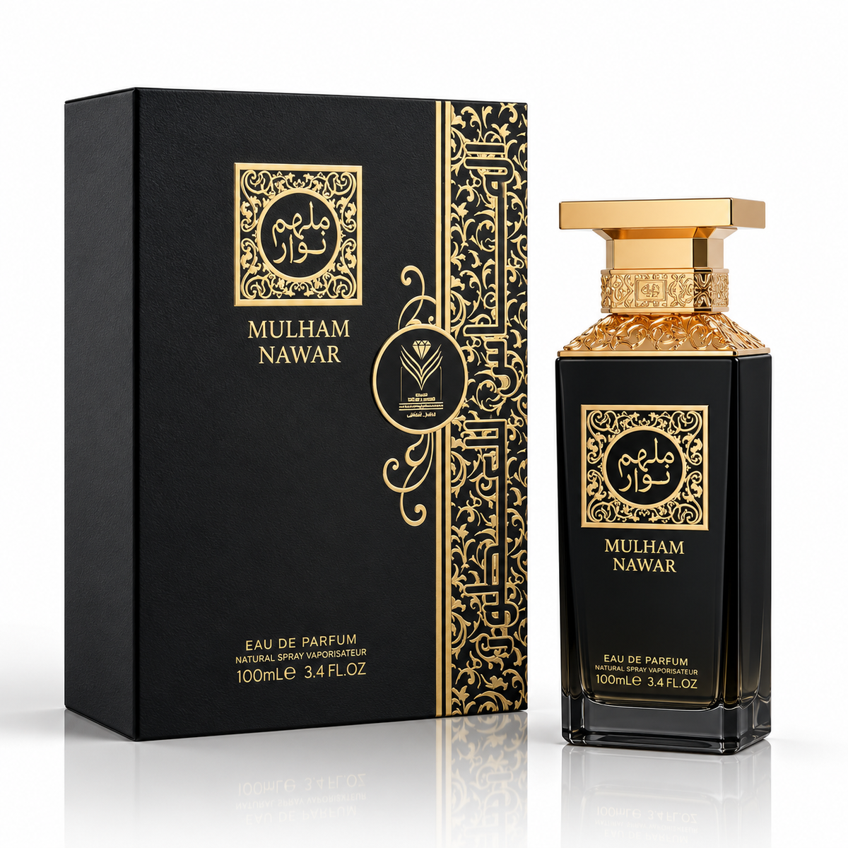 Mulham Nawar Eau de Parfum bottle and its black packaging box with ornate gold patterns, displayed on a reflective white surface.