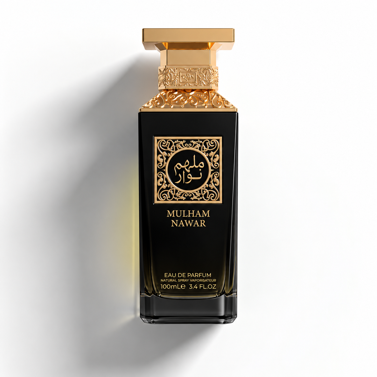 Mulham Nawar Eau de Parfum in a rectangular black glass bottle with a gold cap and gold lettering, set against a clean white background with a soft shadow.