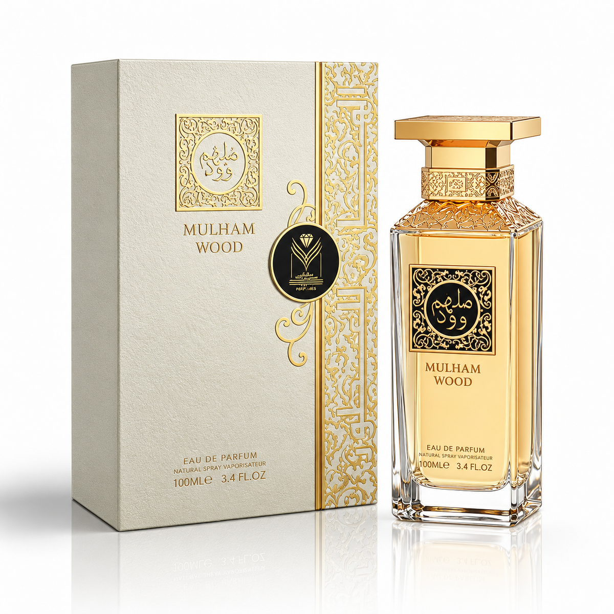 Mulham Wood Eau de Parfum bottle and its matching packaging box, featuring a golden liquid in a clear glass bottle with a gold cap, next to a textured off-white box with gold patterns.