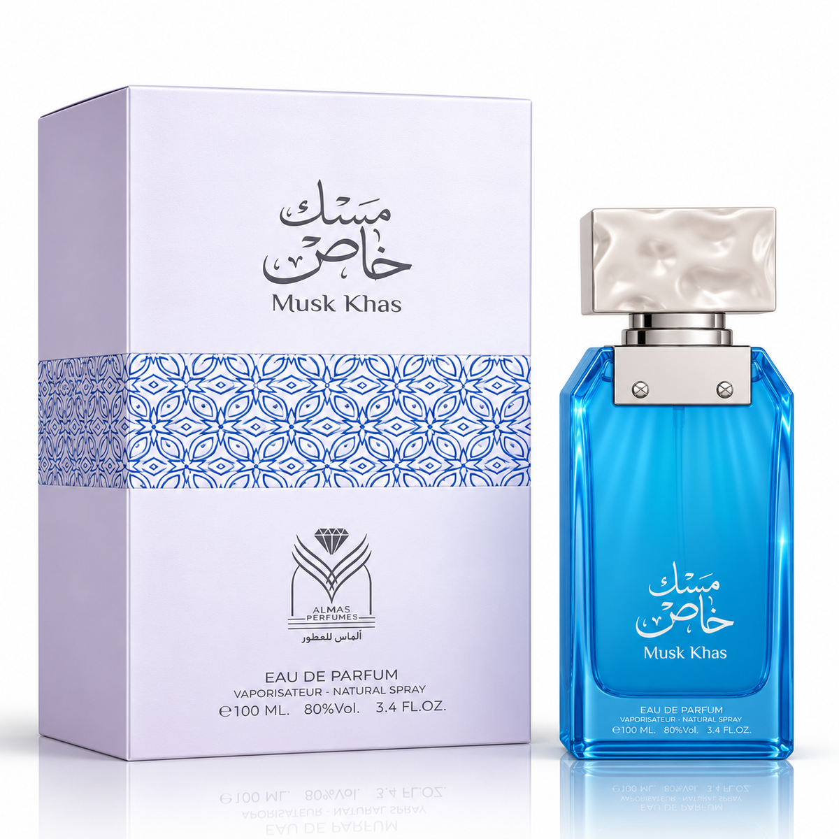 A bottle of Always Perfumes Musk Khas Eau de Parfum next to its white and blue patterned packaging box, on a reflective white background.