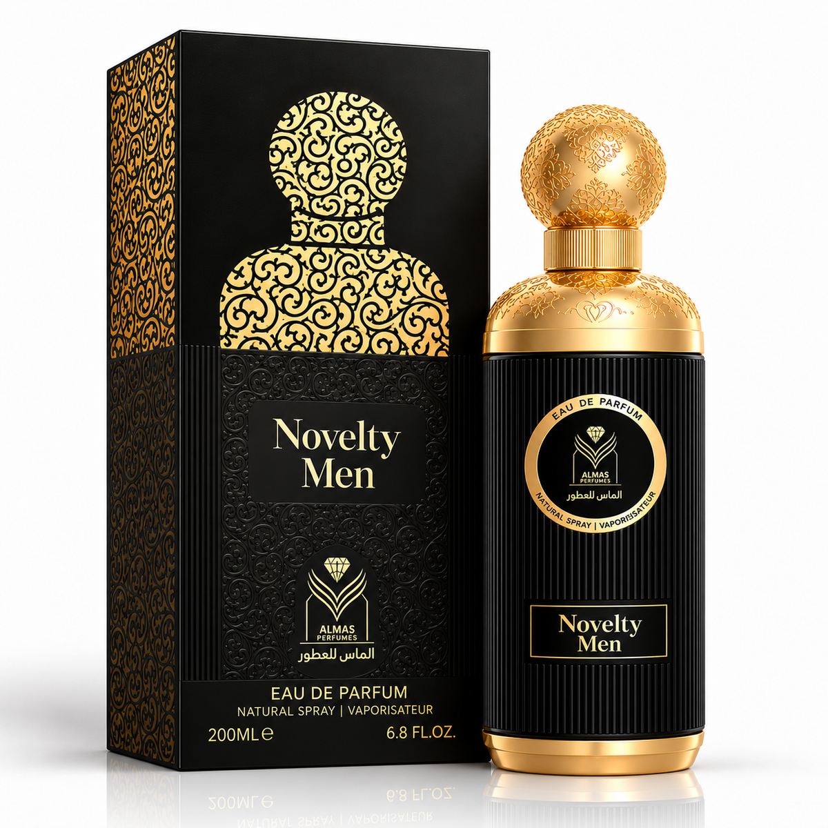 A bottle of Almas Arabian 'Novelty Men' Eau de Parfum next to its black and gold packaging box, set against a clean white background.