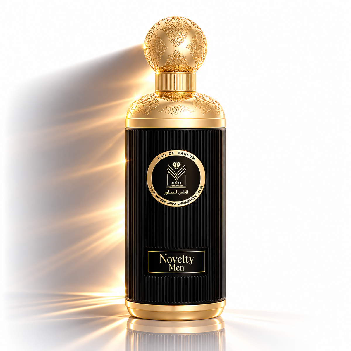 A luxury perfume bottle for 'Novelty Men' by 'Eau de Parfum' featuring a black ribbed body with gold trim, a spherical gold cap, and dramatic golden light rays shining from the left against a white background.
