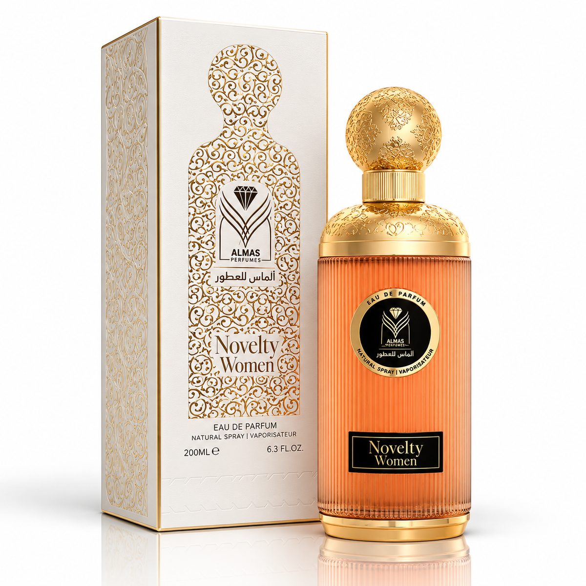 Almas for Women Novelty Eau de Parfum bottle and its matching ornate packaging box, displayed on a clean white background.