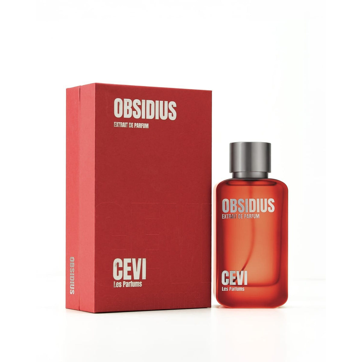 Front view of the Obsidius by Cevi Les Parfums red perfume bottle with silver cap beside its red box | Nuxa Scents