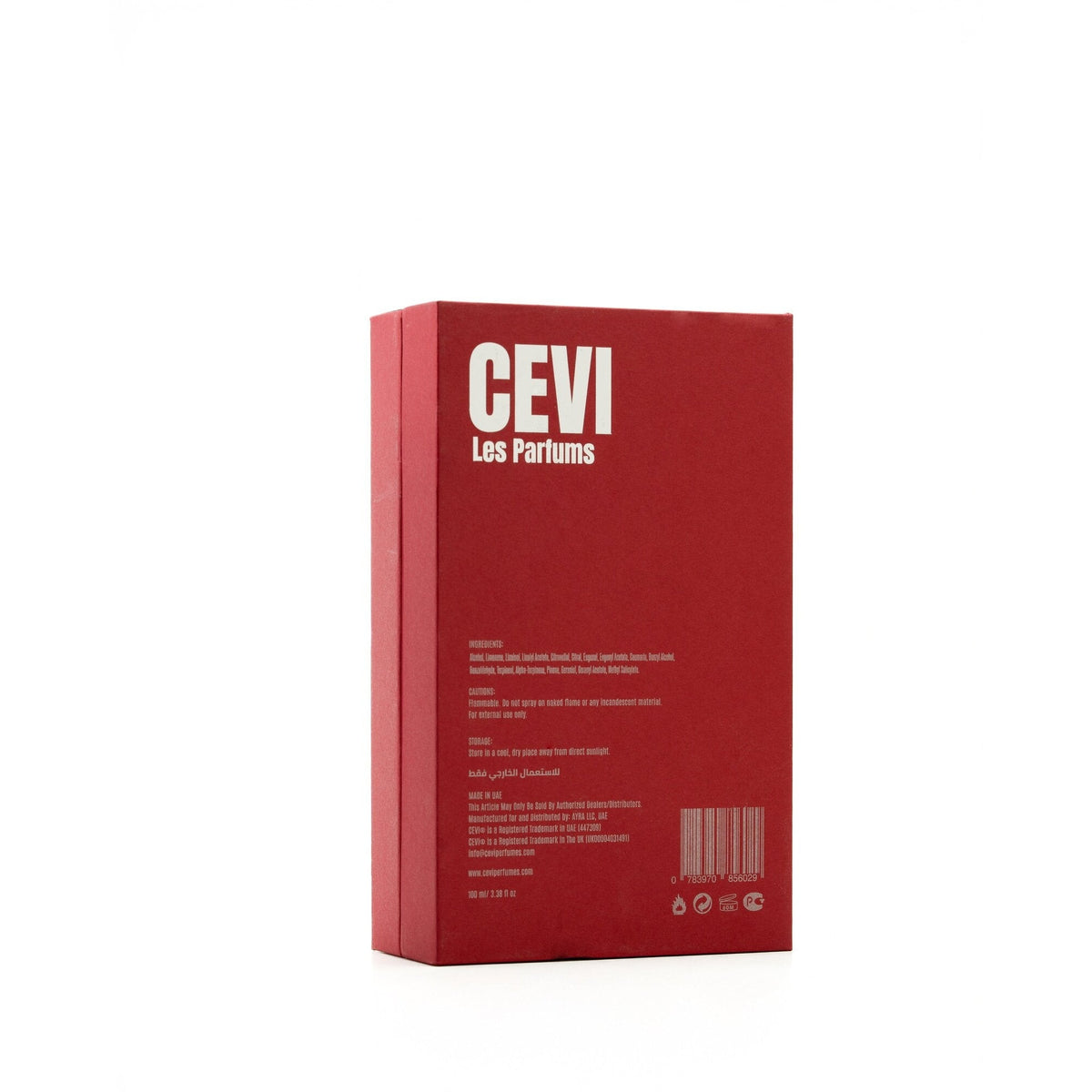 Back of the red Obsidius Cevi Les Parfums perfume box showing product details and barcode | Nuxa Scents