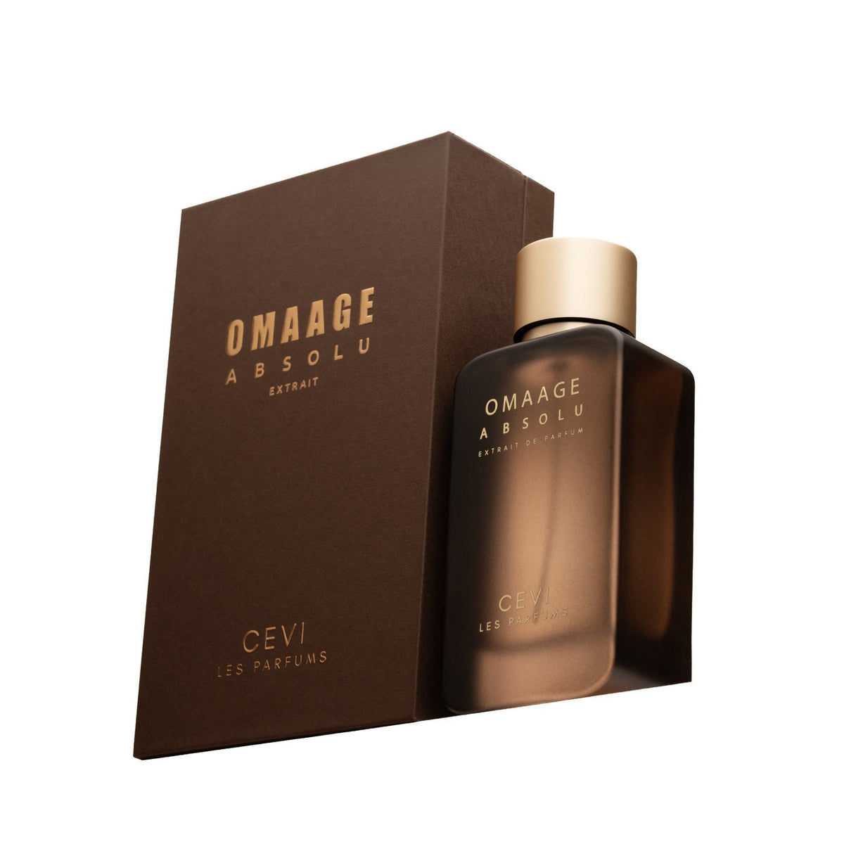 Cevi Omaage Absolu Extrait de Parfum dark brown bottle with gold cap in front of its brown gold-lettered box
