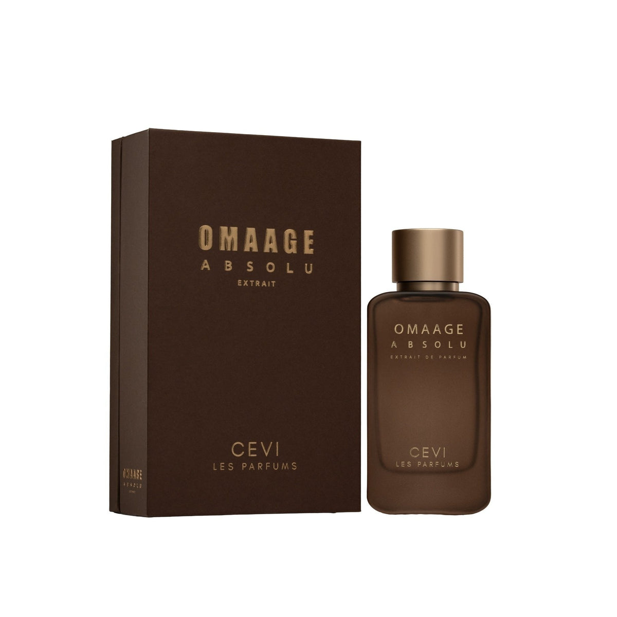 Cevi Omaage Absolu Extrait de Parfum frosted brown bottle with gold cap standing beside its brown Omaage Absolu box