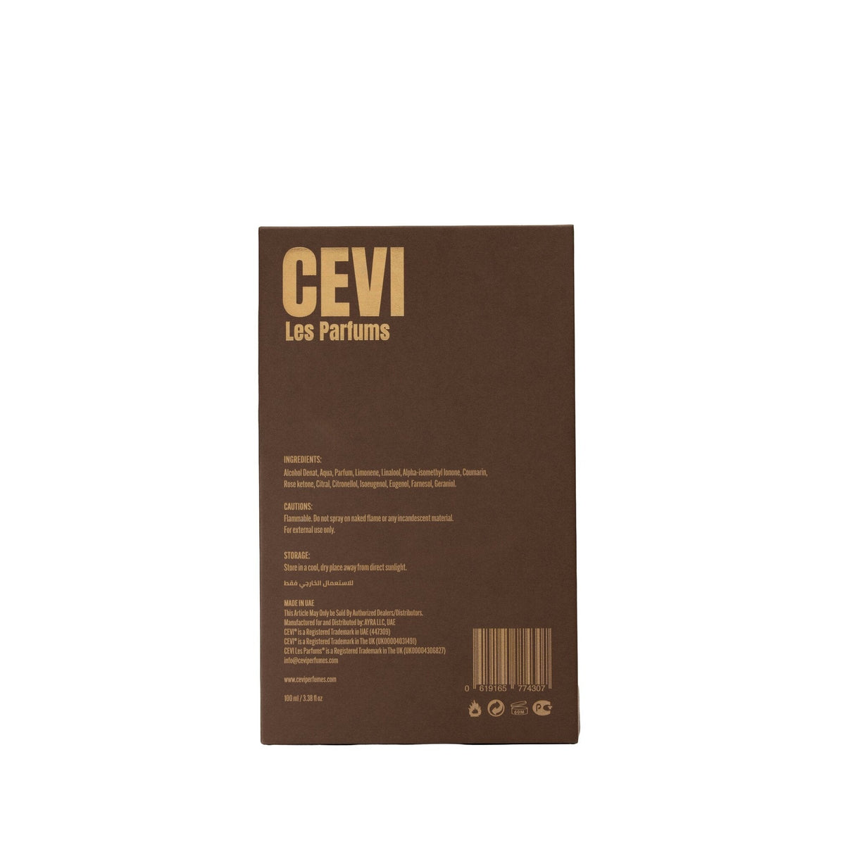 Back of the brown Cevi Omaage Absolu box showing gold Cevi Les Parfums branding, ingredients, cautions and barcode