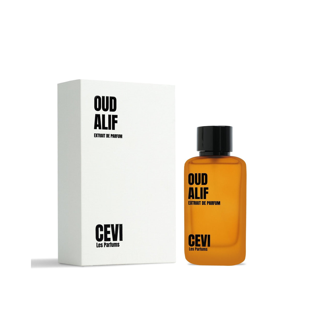 Cevi Oud Alif Extrait de Parfum amber bottle with black cap standing beside its white Oud Alif box