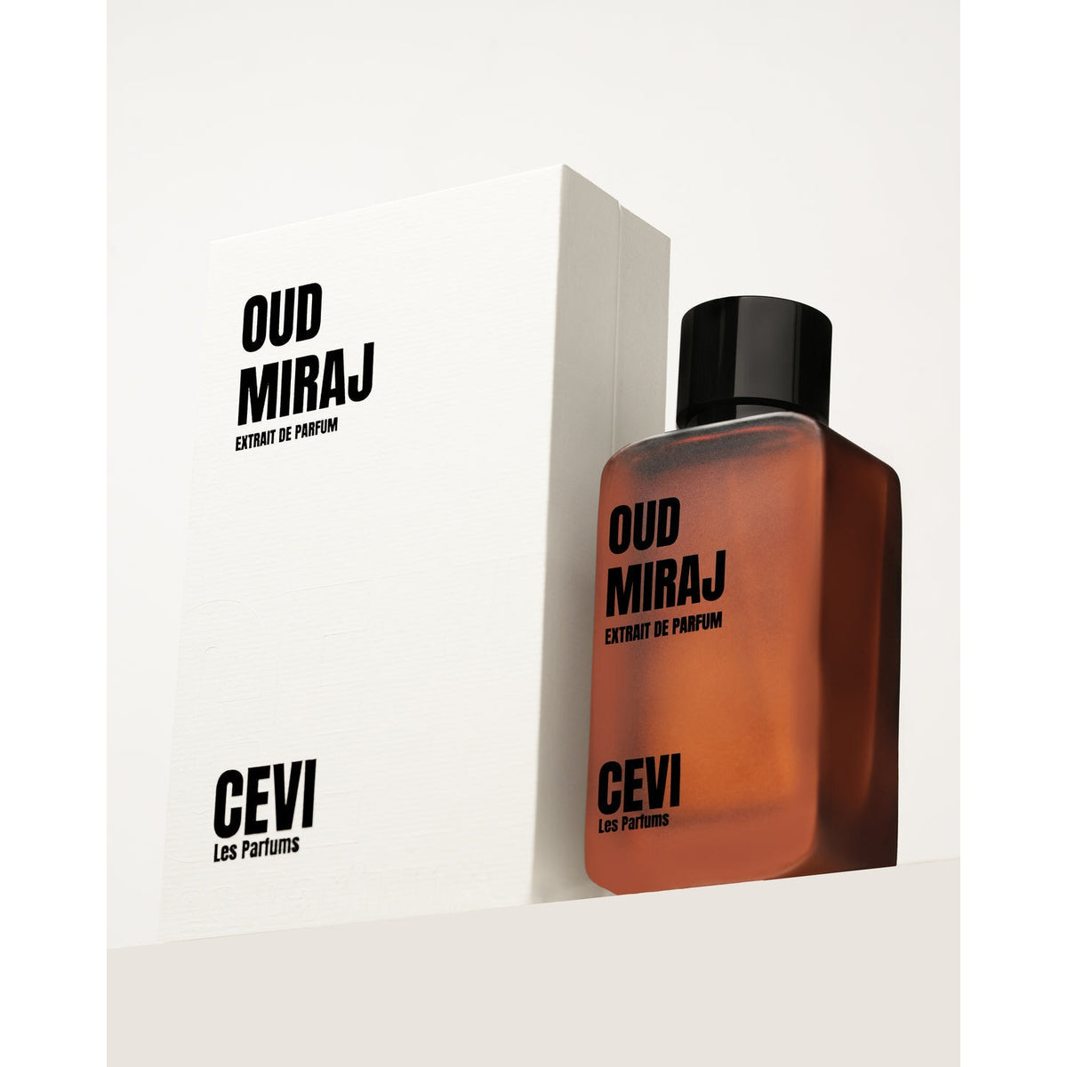 Oud Miraj by Cevi Les Parfums 100ml extrait de parfum, amber bottle in front of its white box