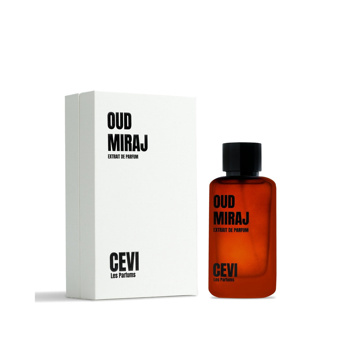 Oud Miraj by Cevi Les Parfums 100ml extrait de parfum bottle beside its white box on a white background