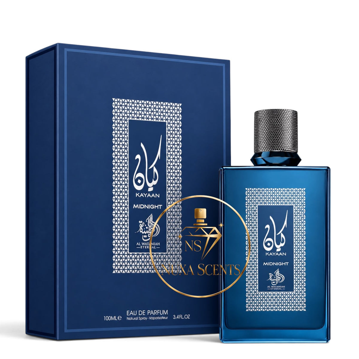 Kayaan Midnight Eau de Parfum 100ml by Al Wataniah perfume box and bottle | Nuxa Scents