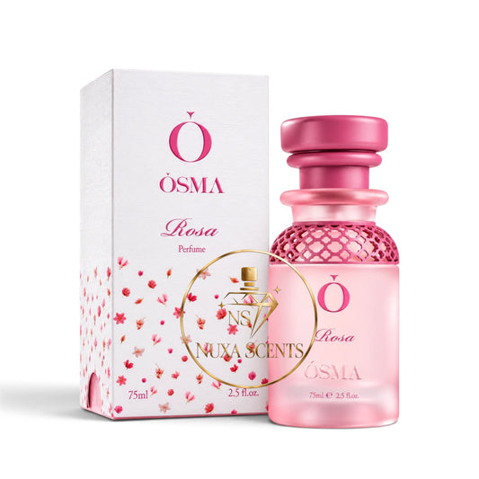 Osma Rosa Eau de Parfum 75ml pink bottle in front of its white box with pink rose illustrations