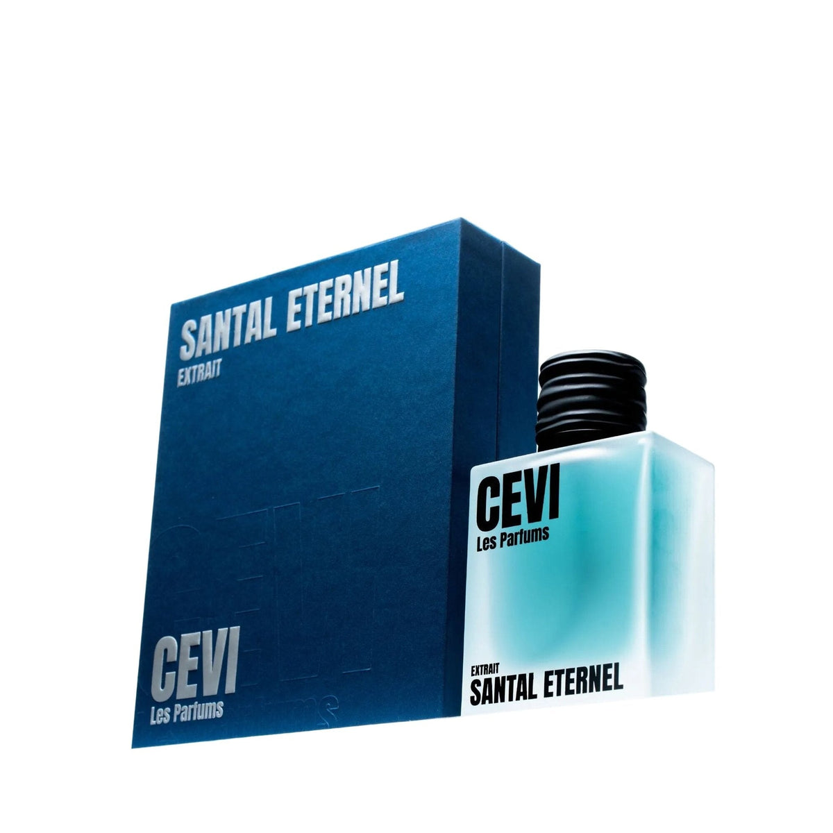 Santal Eternel by Cevi Les Parfums perfume bottle next to its blue box | Nuxa Scents