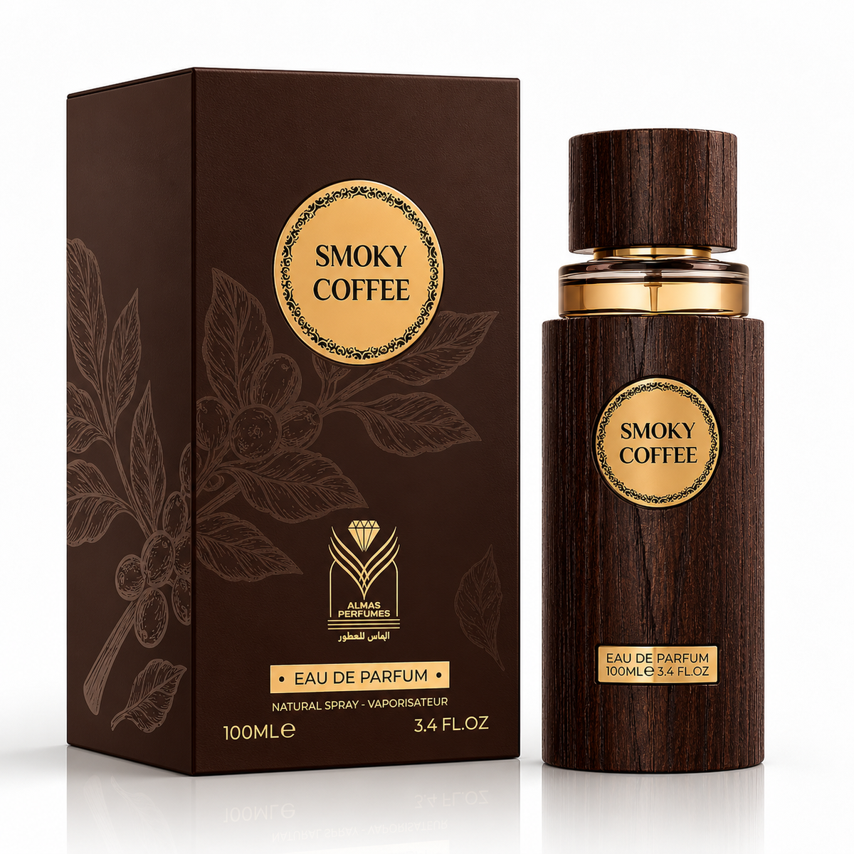 A bottle of Smoky Coffee Eau de Parfum next to its matching brown packaging box, both featuring a dark wood-grain texture, gold circular labels, and coffee bean illustrations on a white background.