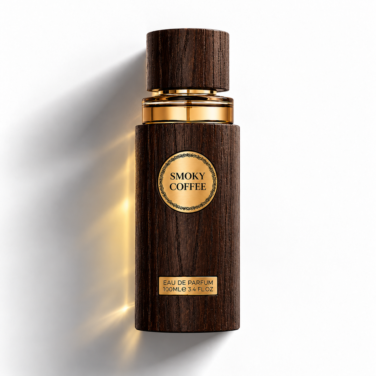 A 100ml perfume bottle with a dark brown wood-grain finish and gold accents, featuring a circular gold label that reads 'SMOKY COFFEE' and a smaller gold label reading 'EAU DE PARFUM 100ML 3.4 FL.