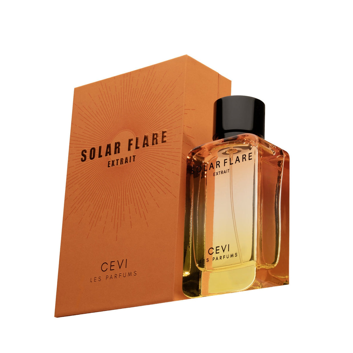 Cevi Solar Flare Extrait de Parfum amber bottle with black cap in front of its orange sunburst-print box