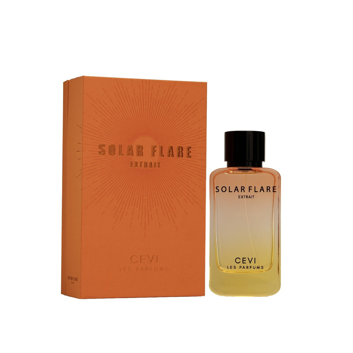 Cevi Solar Flare Extrait de Parfum amber-gradient bottle standing beside its orange sunburst Solar Flare Extrait box