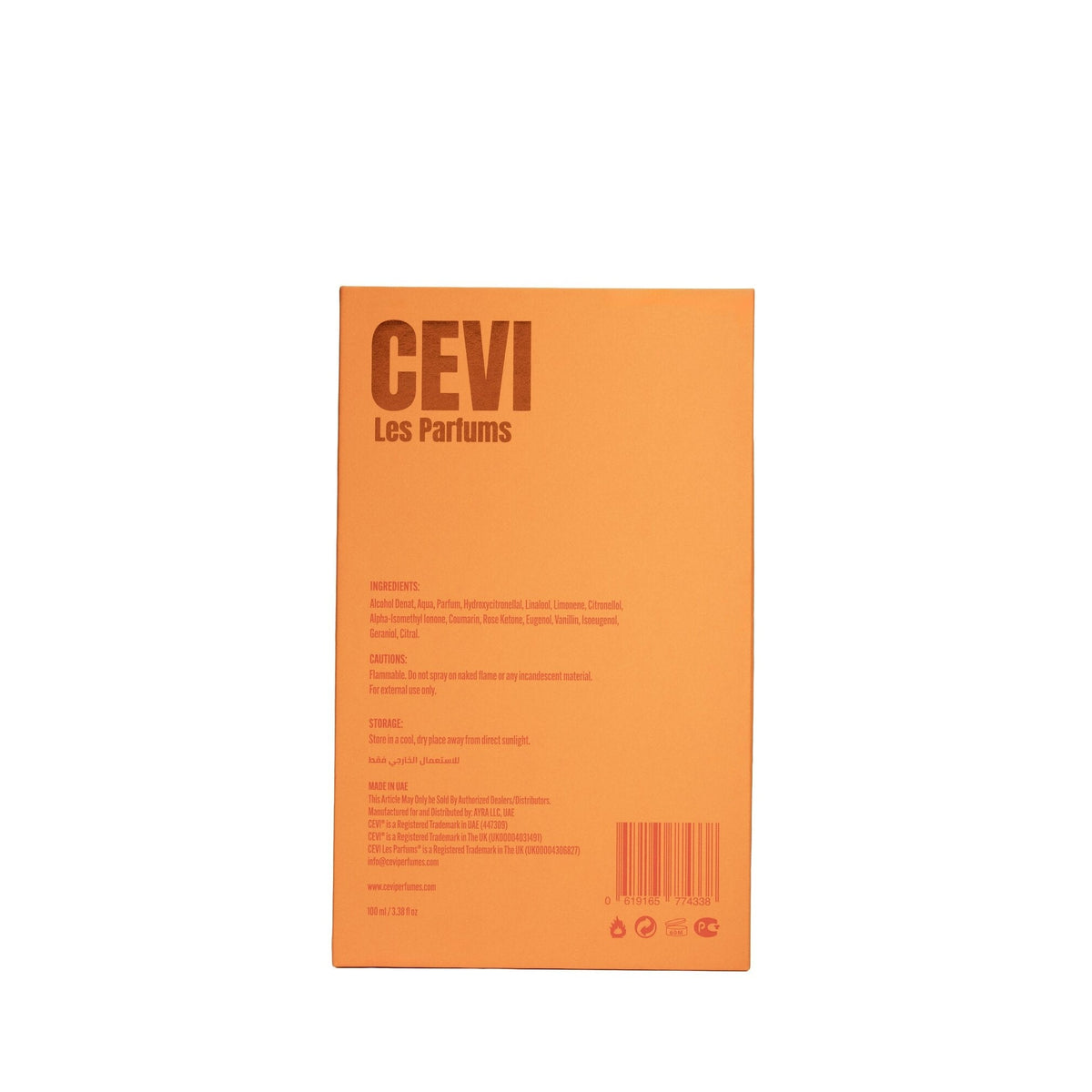 Back of the orange Cevi Solar Flare Extrait box showing Cevi Les Parfums branding, ingredients, cautions and barcode