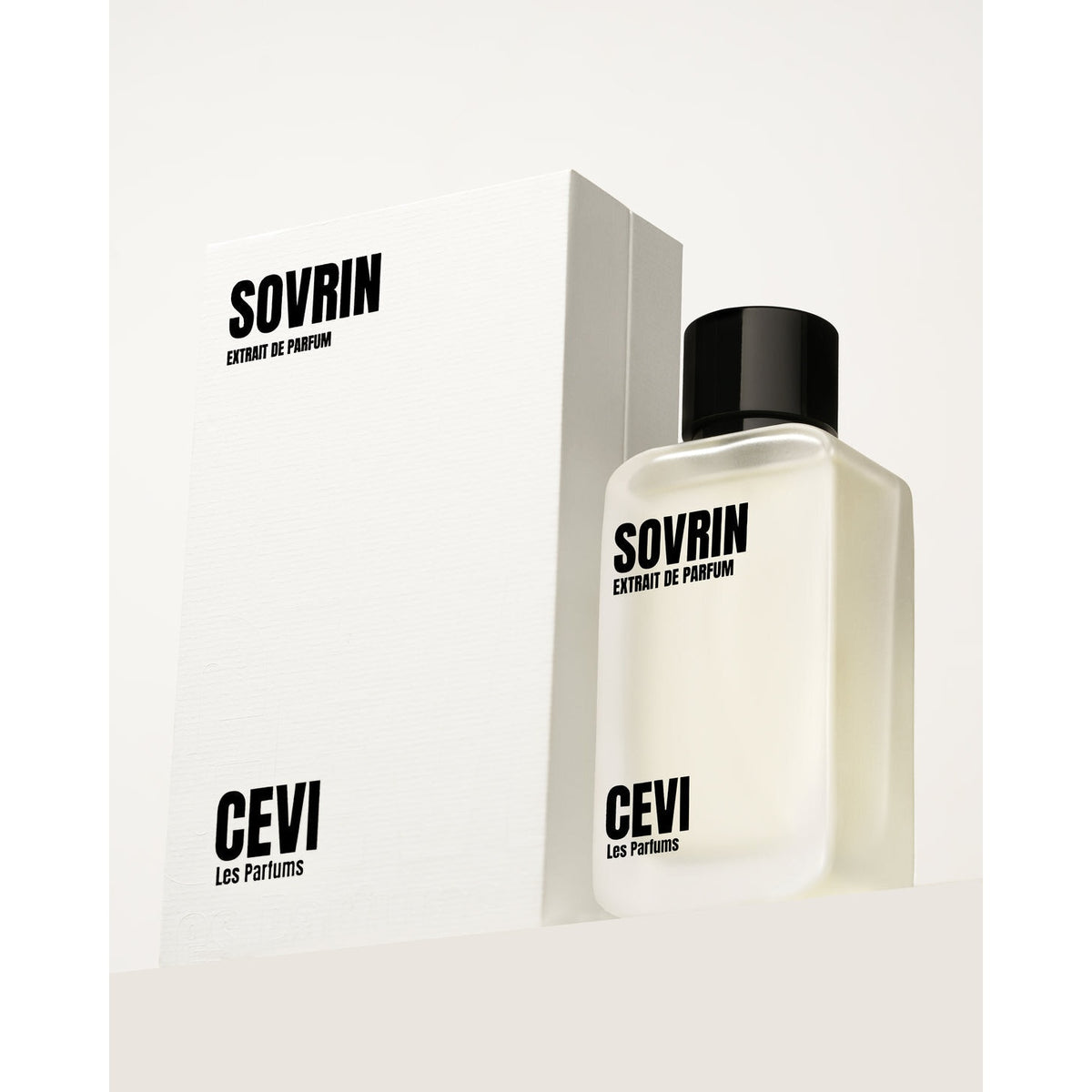 Sovrin by Cevi Les Parfums 100ml extrait de parfum, frosted white bottle with black cap next to its white box | Nuxa Scents