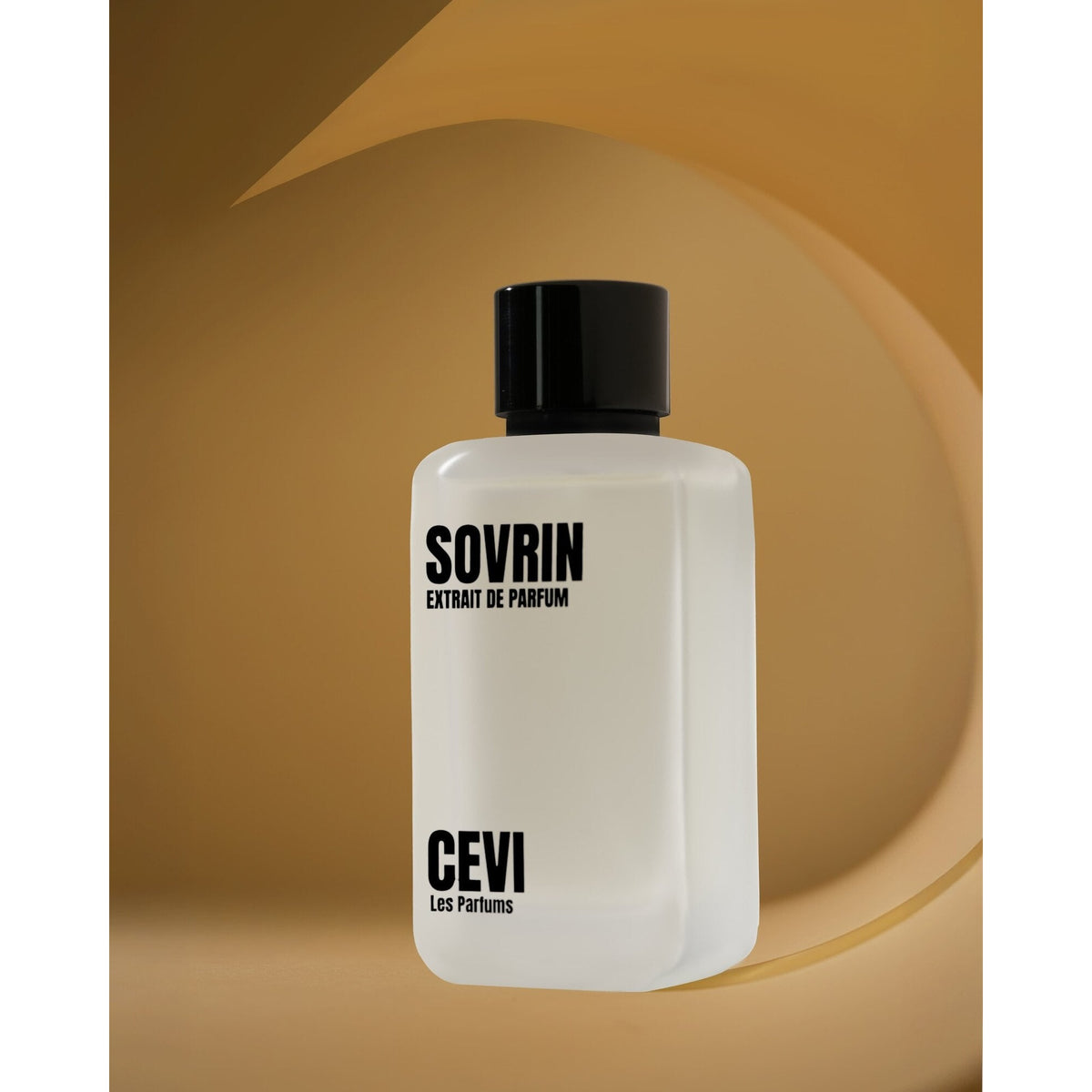Sovrin by Cevi Les Parfums 100ml extrait de parfum bottle with black cap against a curved gold backdrop | Nuxa Scents