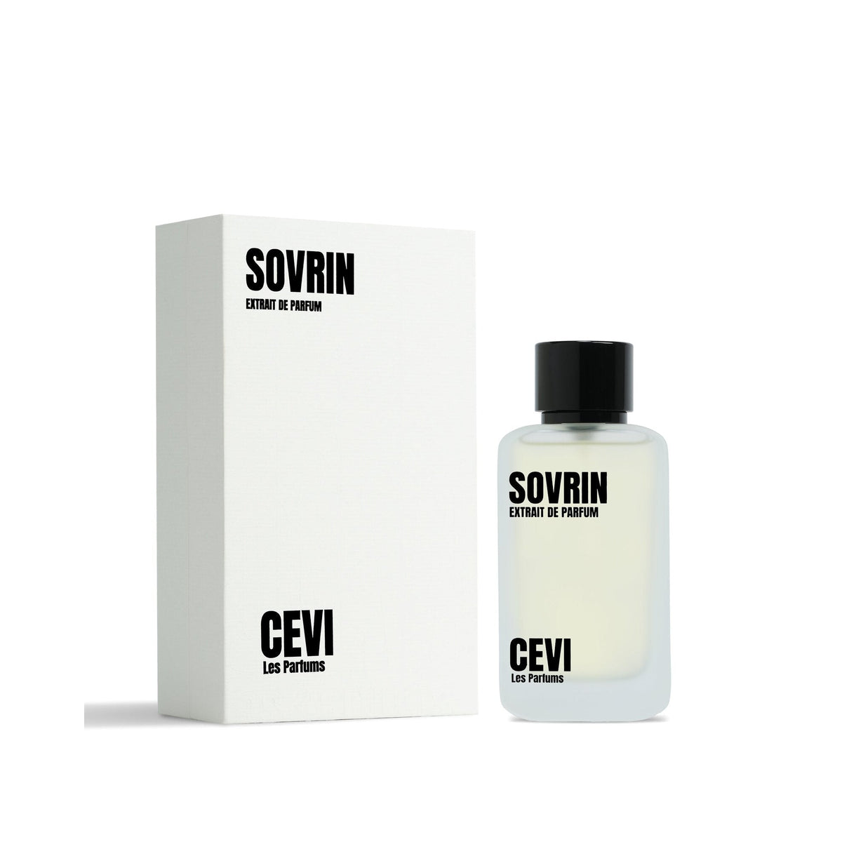 Sovrin by Cevi Les Parfums 100ml extrait de parfum bottle standing in front of its tall white box | Nuxa Scents