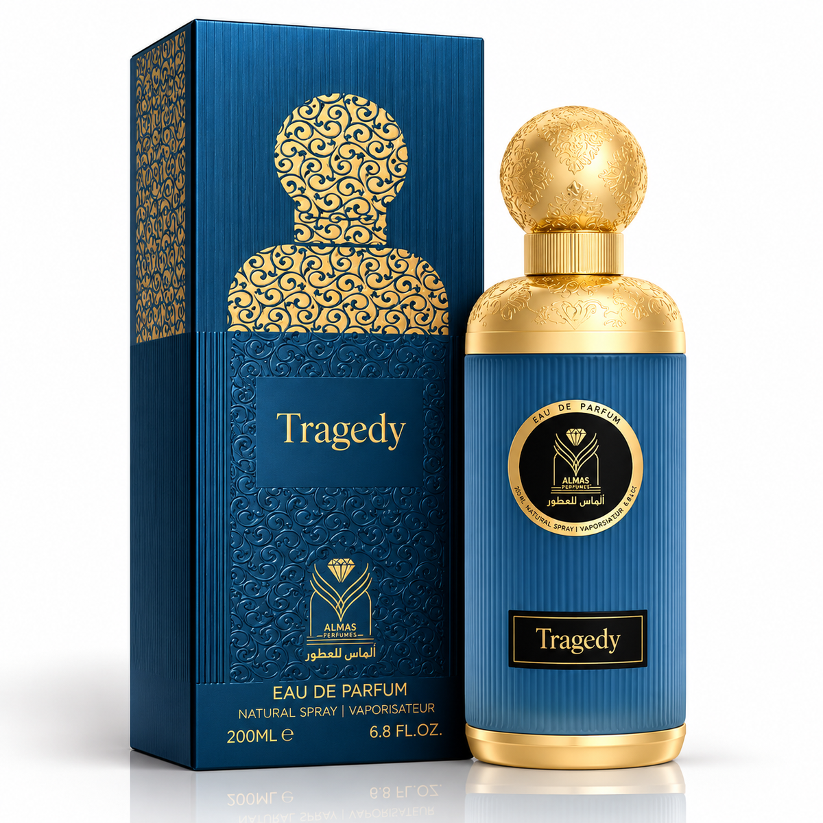 A luxury perfume bottle and its matching retail box, both in deep blue with ornate gold patterns and lettering. The bottle features a spherical gold cap and a gold circular emblem, while the box displays a large gold silhouette motif and the brand name 'Alame' and product name 'Tragedy'.