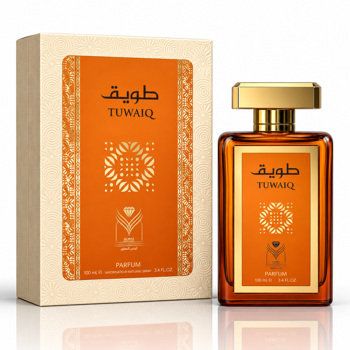 A bottle of Tuwaiq perfume next to its decorative packaging box, both featuring a vibrant orange and gold design on a clean white background.