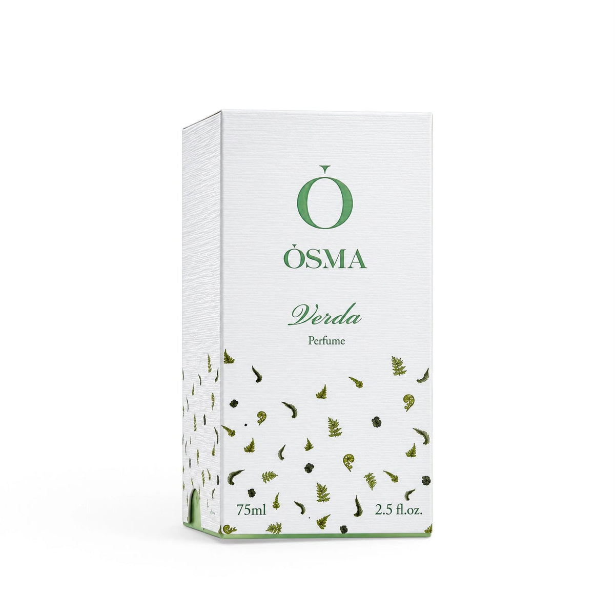 Osma Verda Perfume 75ml white box with green branding and botanical leaf illustrations