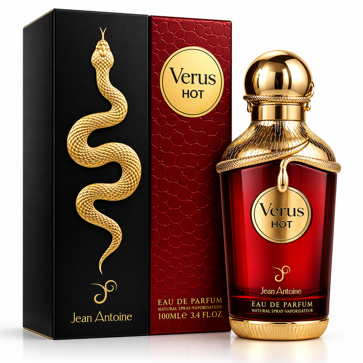 Jean Antoine Verus Hot Eau de Parfum bottle with a gold cap next to its black and red packaging box featuring a gold snake design.