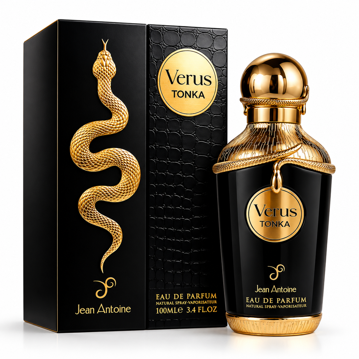 Jean Antoine Verus Tonka Eau de Parfum bottle and its black packaging box, both decorated with a gold snake graphic and gold circular logo medallions.