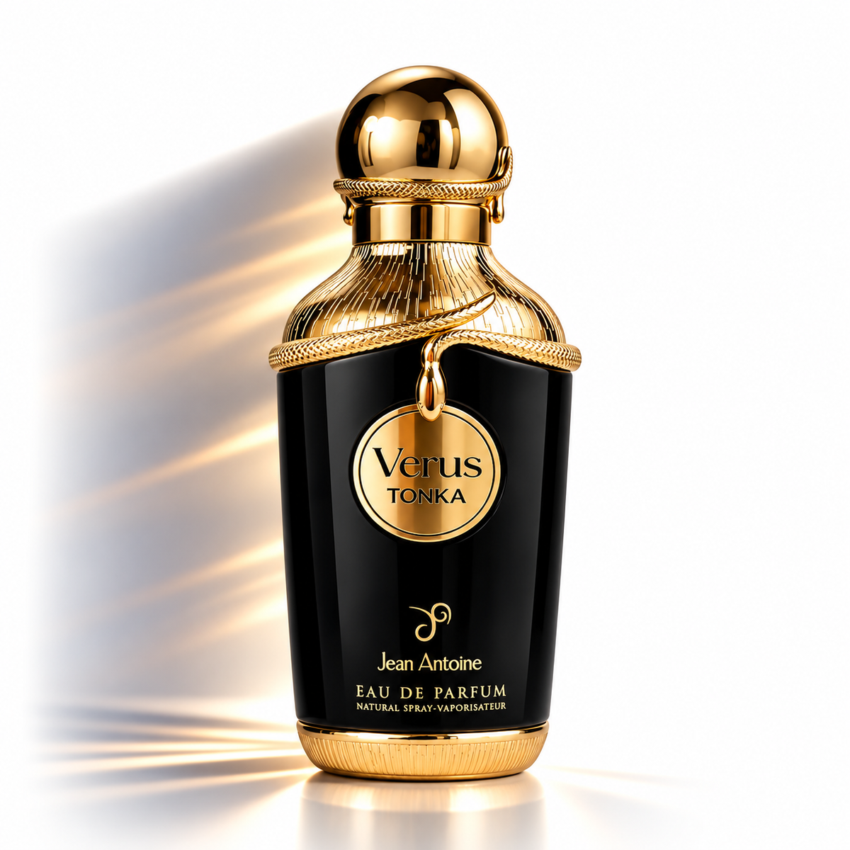 Jean Antoine Verus Tonka Eau de Parfum bottle, featuring a glossy black body with a gold cap and a gold circular logo on the front, set against a white background with dramatic golden light rays.