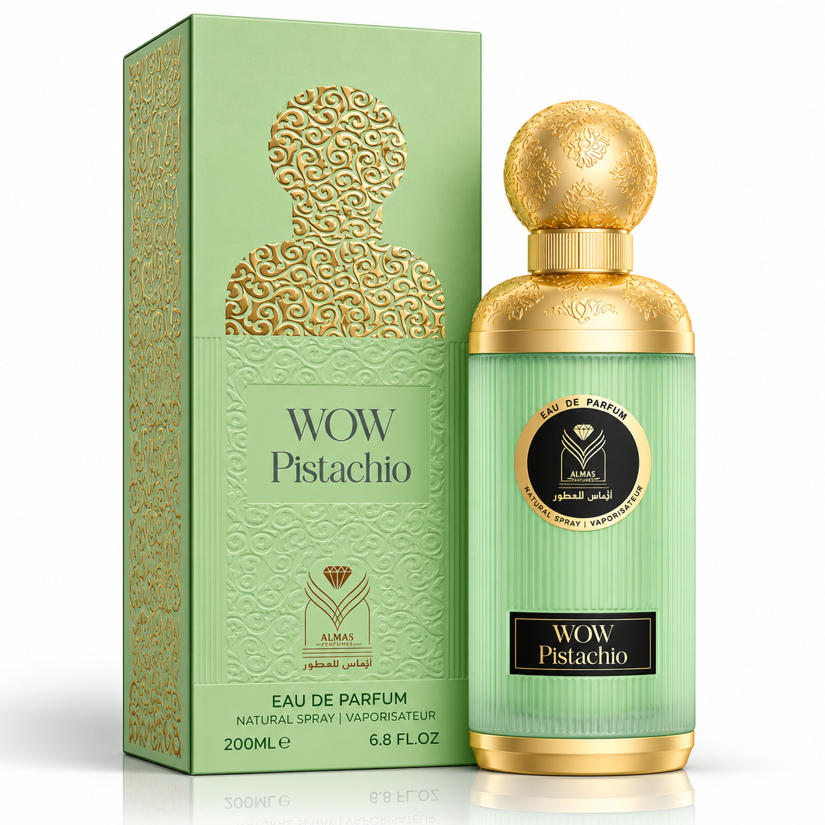 WOW Pistachio Eau de Parfum bottle and its matching green and gold packaging box, featuring a textured pistachio green design with gold accents and a black circular label.